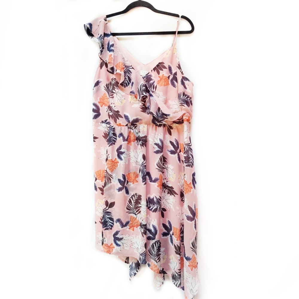 A New Day Pink Floral Chiffon Dress Asymmetrical Surplice Bodice Size XXL